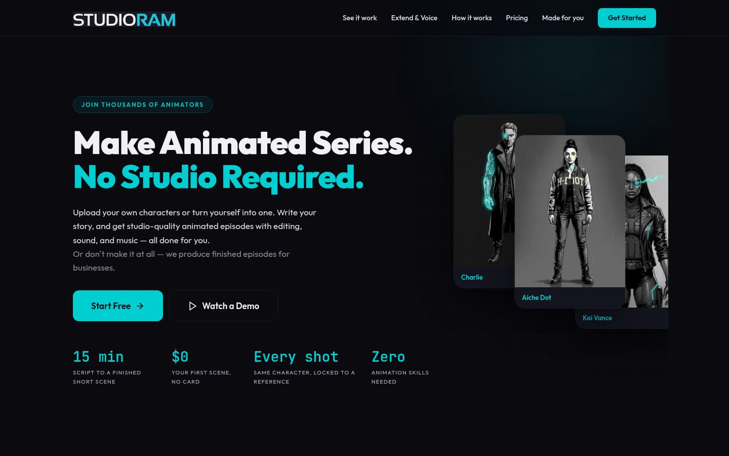Screenshot of the public StudioRam homepage