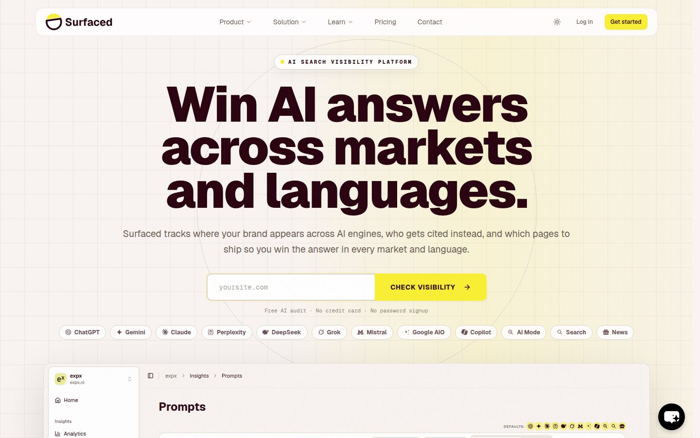 Screenshot of the public Surfaced homepage