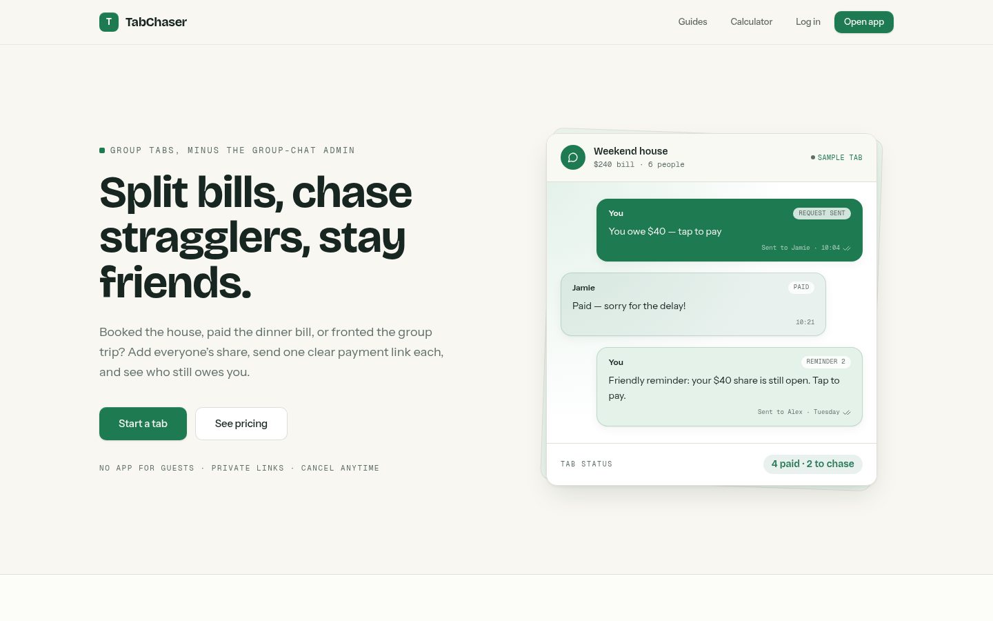 Screenshot of the public TabChaser homepage