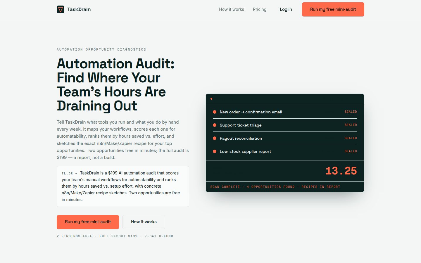 Screenshot of the public TaskDrain homepage