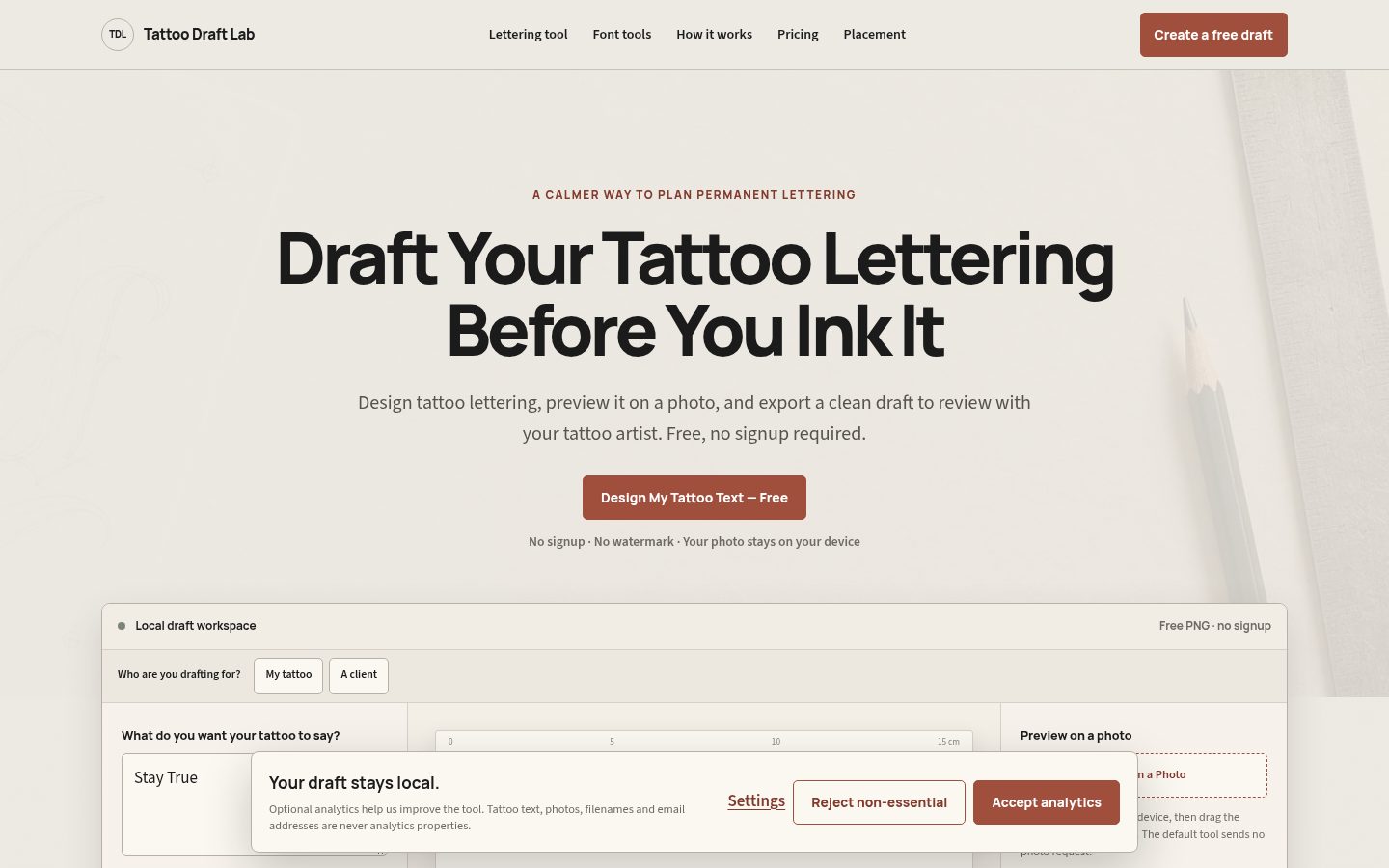 Screenshot of the public Tattoo Draft Lab homepage