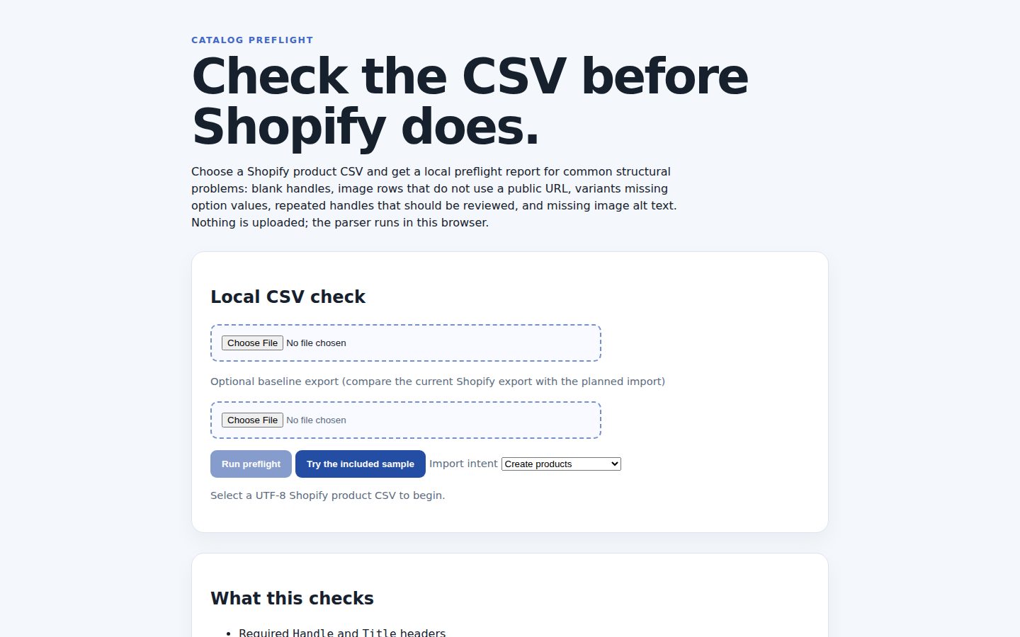 Screenshot of the public Test Shopify CSV variants before import homepage