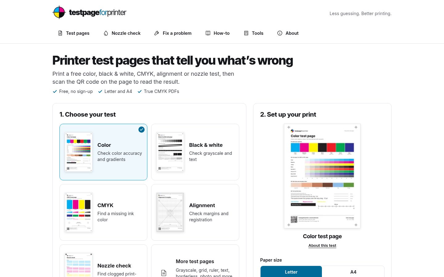 Screenshot of the public testpageforprinter homepage