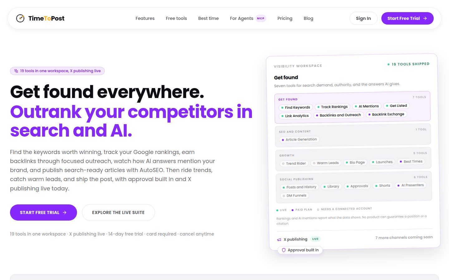 Screenshot of the public TimeToPost homepage