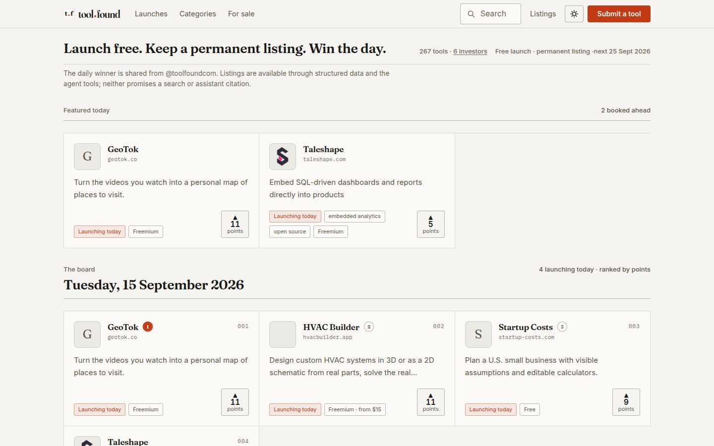 Screenshot of the public toolfound homepage