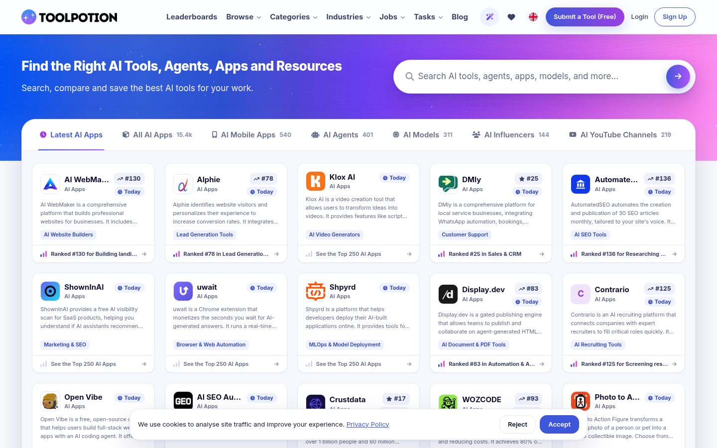 Screenshot of the public ToolPotion homepage