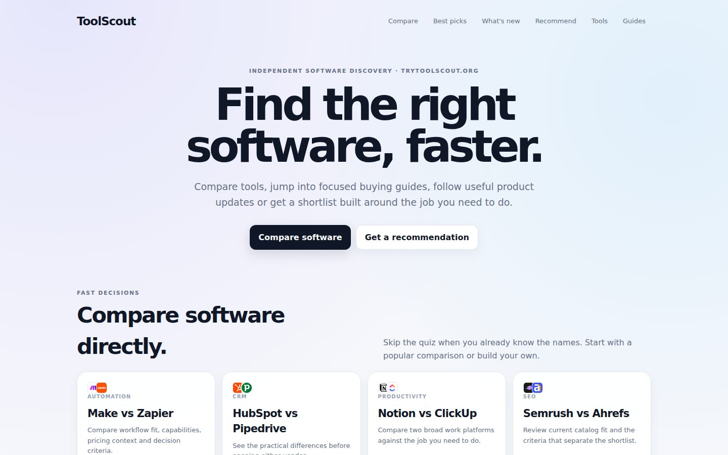 Screenshot of the public ToolScout homepage