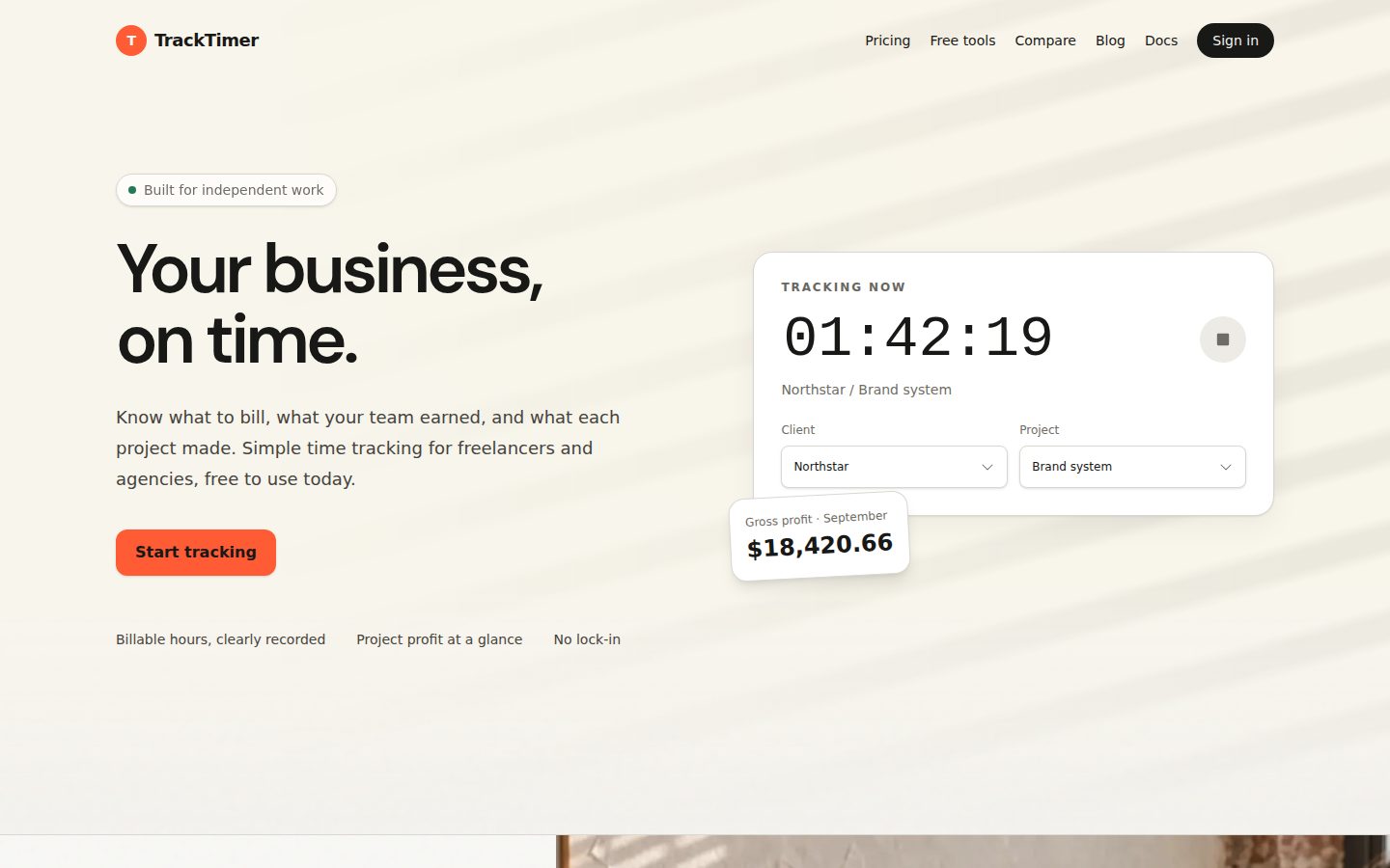 Screenshot of the public TrackTimer homepage