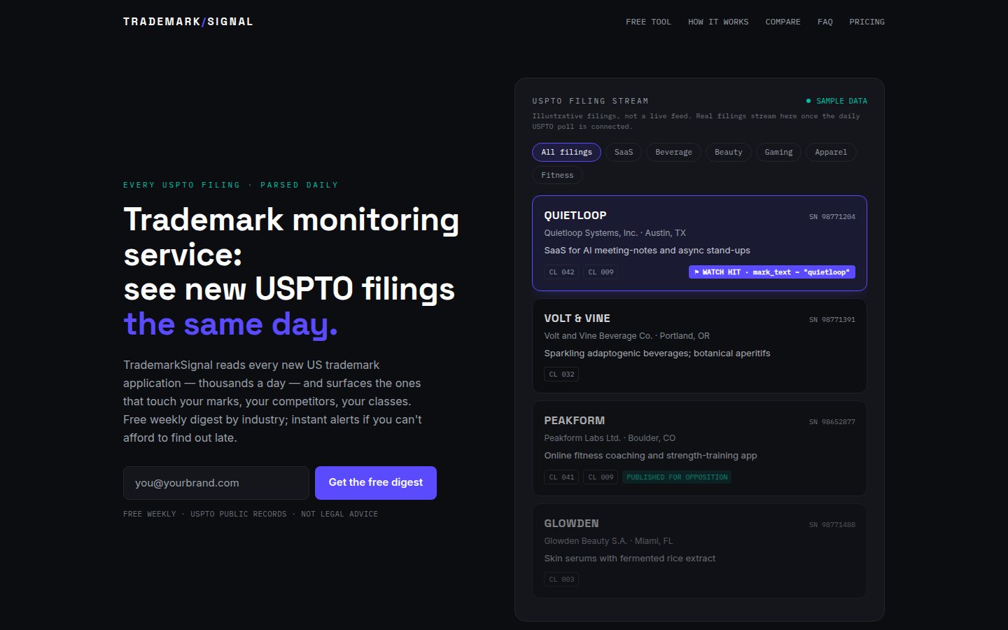 Screenshot of the public TrademarkSignal homepage
