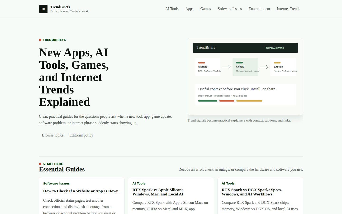 Screenshot of the public TrendBriefs homepage
