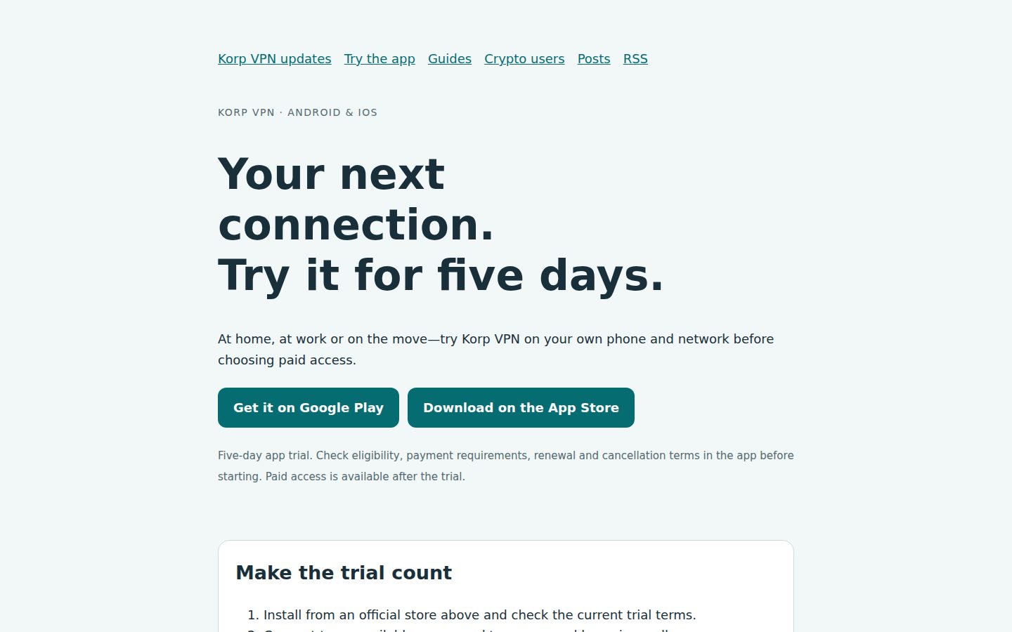 Screenshot of the public Try Korp VPN for five days homepage
