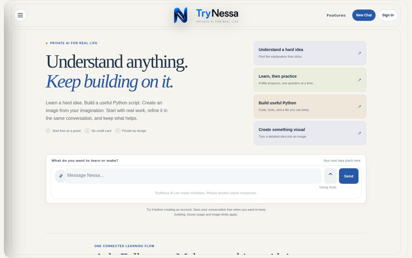 Screenshot of the public TryNessa AI homepage