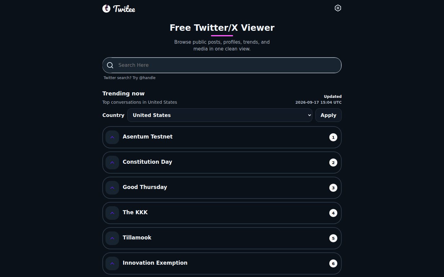 Screenshot of the public Twitee homepage