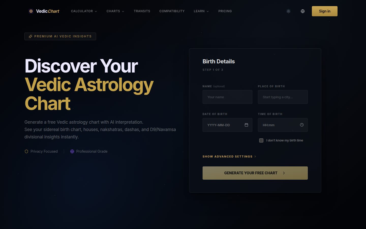 Screenshot of the public Vedic Astrology Chart homepage