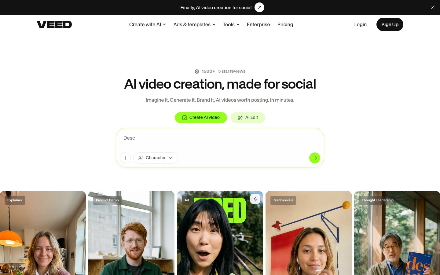 Screenshot of the public VEED homepage