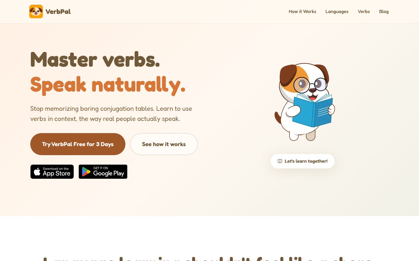 Screenshot of the public VerbPal homepage