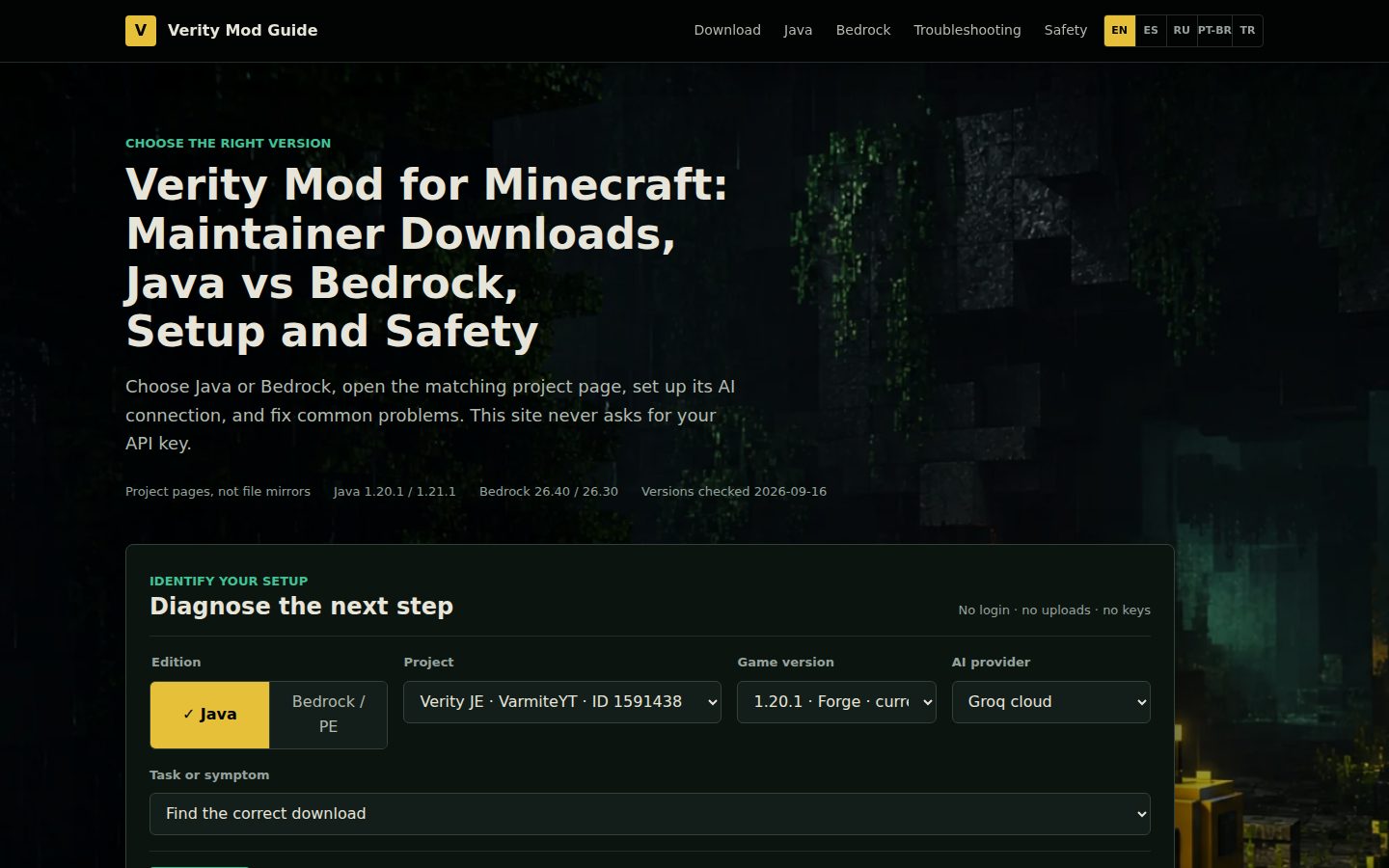 Screenshot of the public Verity Mod Guide homepage