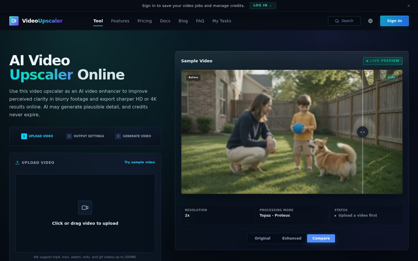 Screenshot of the public Video Upscaler homepage