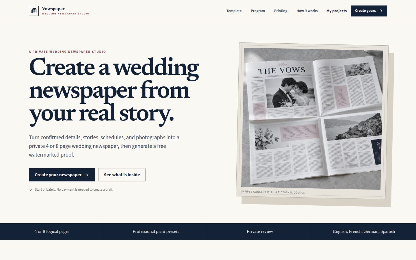 Screenshot of the public Vowspaper homepage