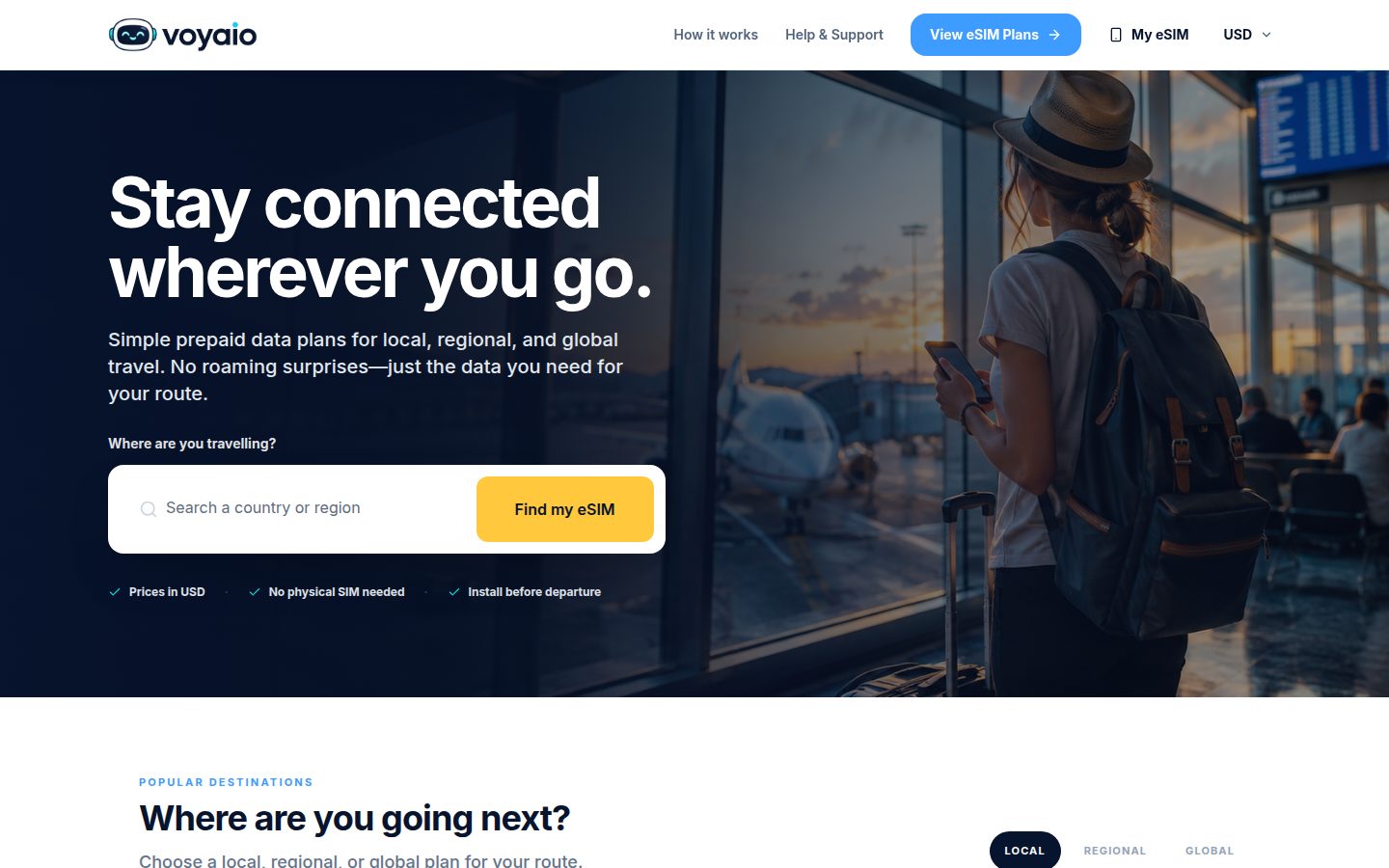 Screenshot of the public voyaio homepage