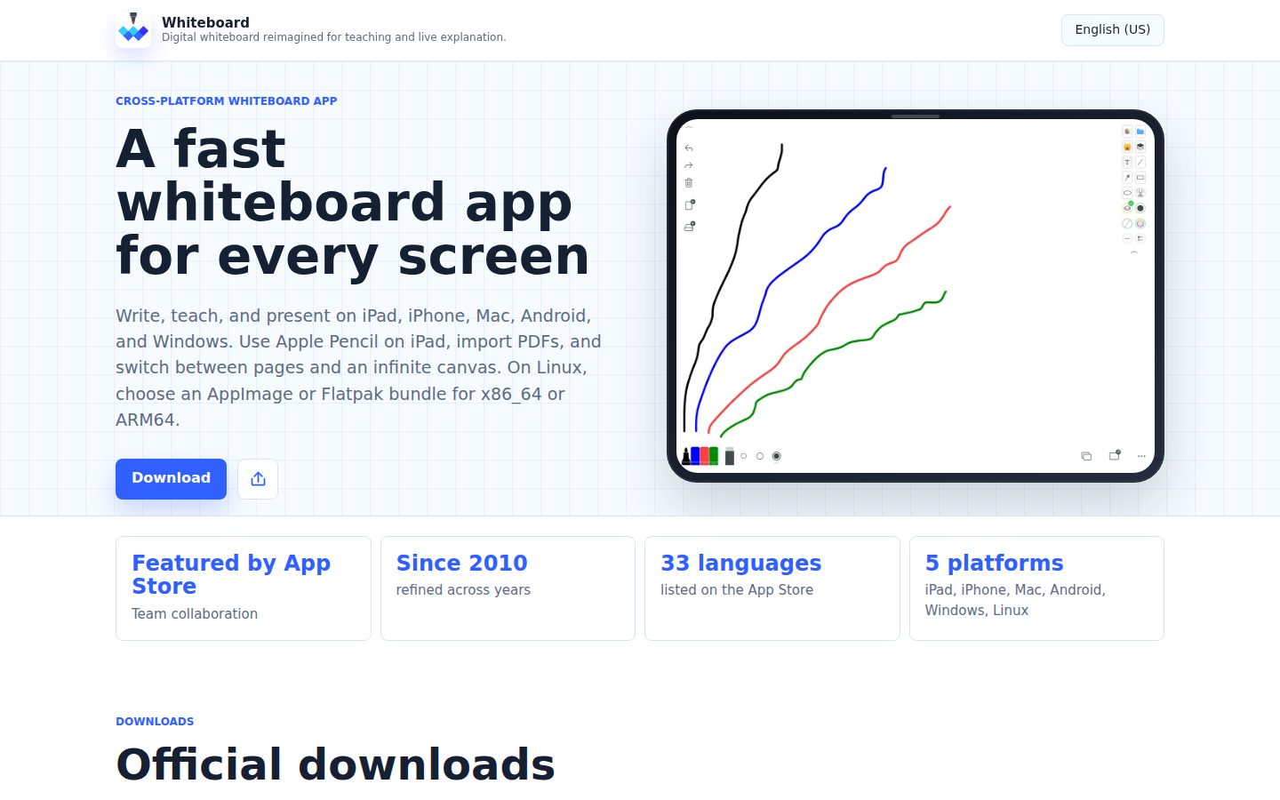 Screenshot of the public Whiteboard homepage