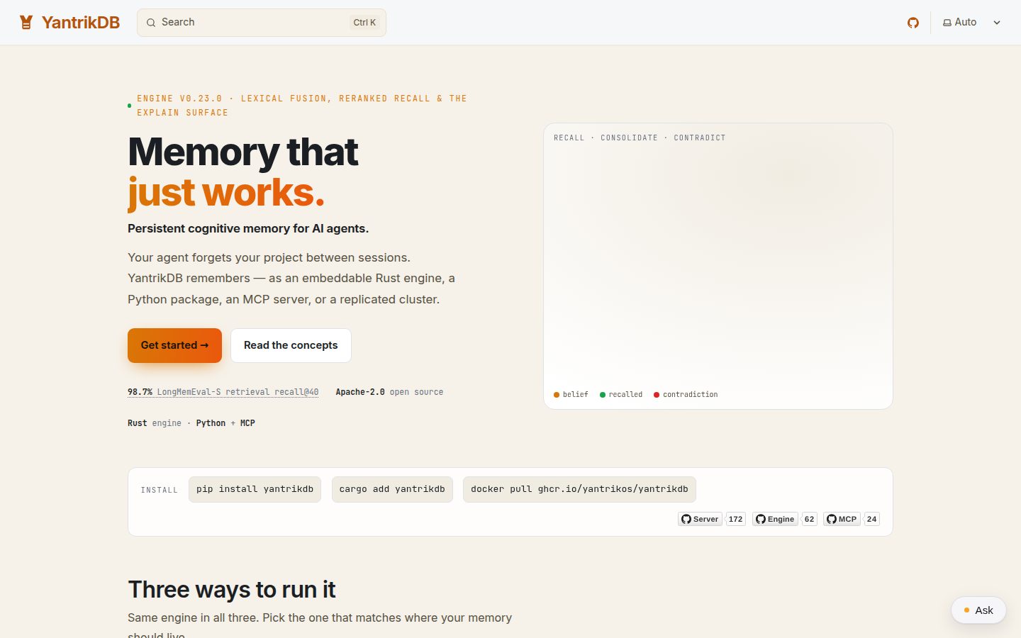 Screenshot of the public YantrikDB homepage