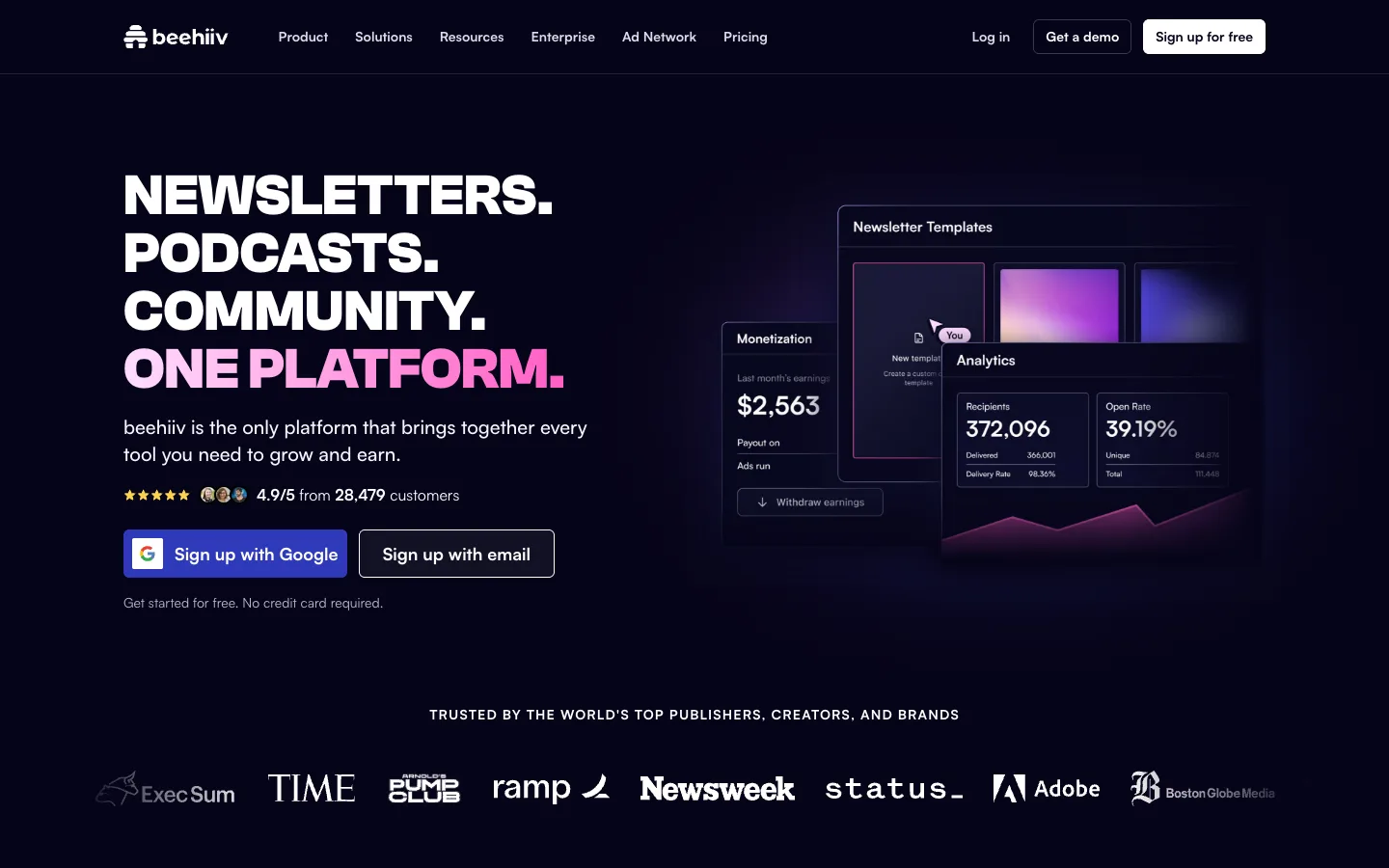 Screenshot of the public beehiiv homepage
