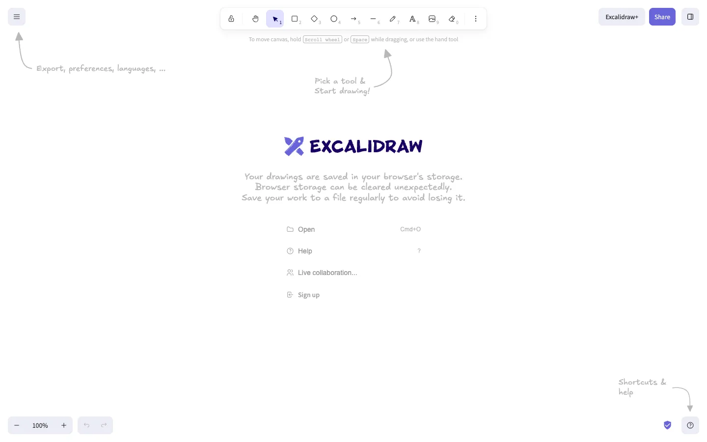 Screenshot of the public Excalidraw homepage