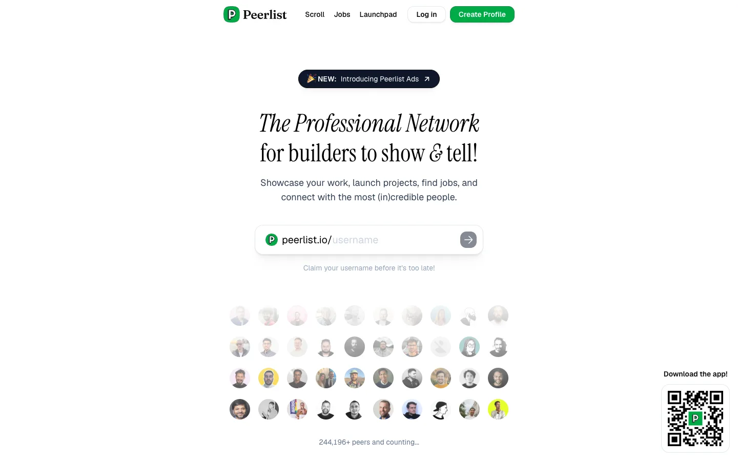 Screenshot of the public Peerlist homepage