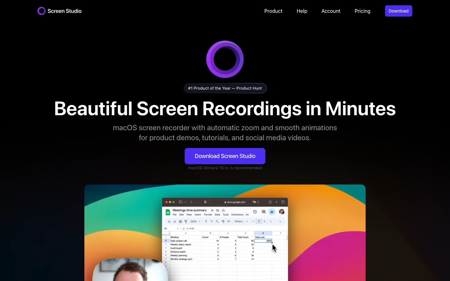 Screenshot of the public Screen Studio homepage
